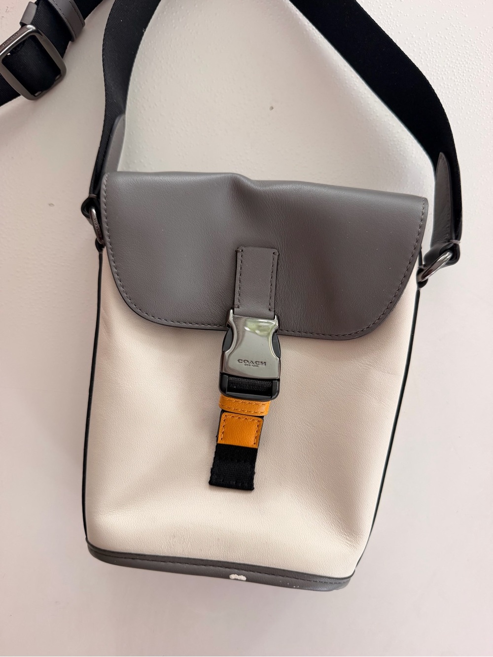 Coach Two-Tone Leather Men’s Crossbody Belt Bag in White, Gray & Yellow Accent